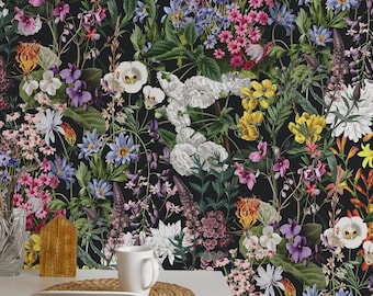 Dark Floral Botanical Wallpaper for Cottage Decor, Flower Wall Art, Vintage-Inspired Floral Mural, Cozy Rustic Interior Accent