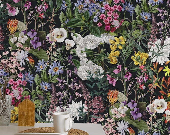 Dark Floral Botanical Wallpaper for Cottage Decor, Flower Wall Art, Vintage-Inspired Floral Mural, Cozy Rustic Interior Accent
