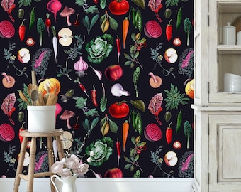 Food Ingredients Restaurant Wallpaper, Retro Kitchen Veggie Wall decor, Farmhouse Wall Art