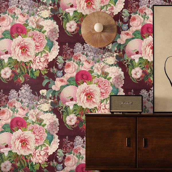 Dark Floral Wallpaper for Peony Wall Decor, Large Flowers Wall Decore with Pink Roses