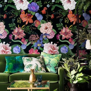 Dark Botanical Floral Wallpaper, Night Life Secret Garden Wall Art, Black Vintage Herbs Wall Decore image 1