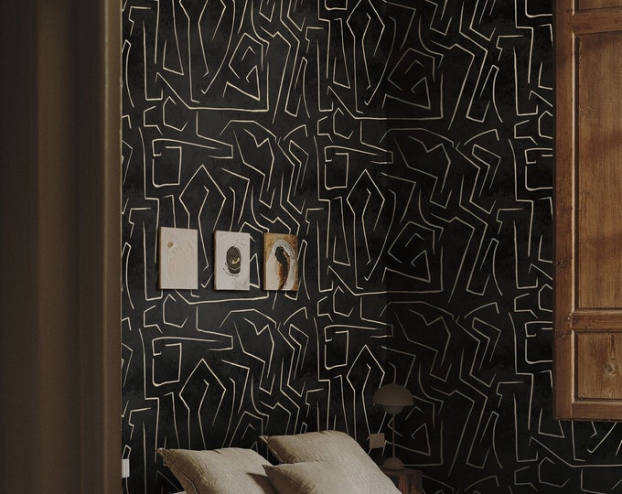 Black and Gold Abstract Wallpaper, Ethnic Graffiti Art, Luxury Primitive Wall Decor, Modern Statement Wallpaper