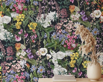Summerfield Flower Dark Art Wallpaper for Cottagecore Decor, Vintage Botanical Temporary Wall Art