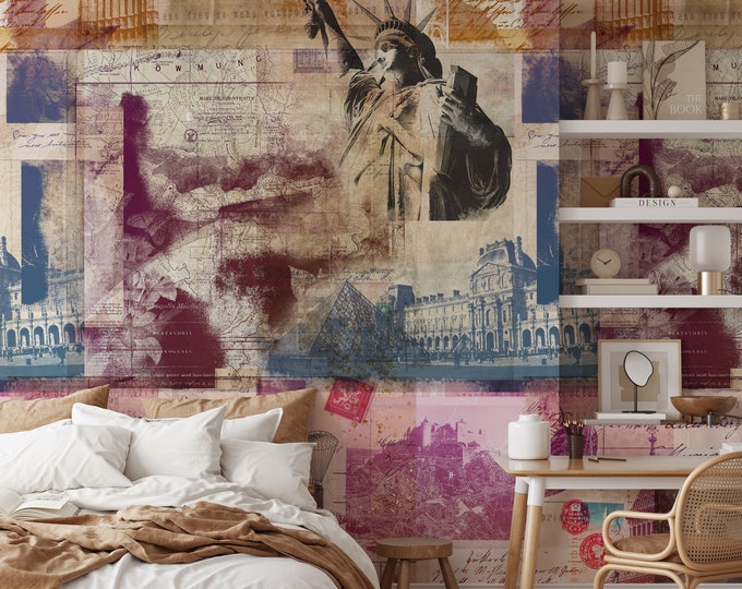 Vintage American Map Wallpaper, Extra Large Wall Mural, Rustic Travel Map Wallpaper for Living Room