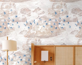 Flight at Sunset: Handmade Engraved Wallpaper with Blue Swallows and Pastel Sky, Blue Flying Swallows Wallpaper