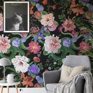 Dark Botanical Floral Wallpaper, Night Life Secret Garden Wall Art, Black Vintage Herbs Wall Decore image 6