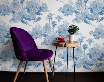 Tropical Landscape Toile wallpaper in Blue and White, Palm Tree Modern Beach House Decor, Toile Removable Wallpaper