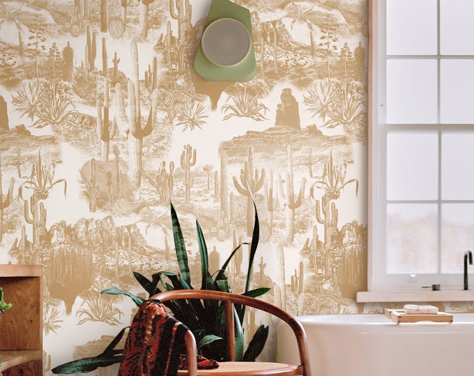 Desert Cactus Wallpaper, Vintage Monochrome Wall Decor, Beige and White Wall Art for Modern Minimalist Decor, WALLPAPERS4BEGINNERS