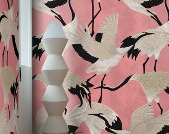 Pink Chinoiserie Heron Wallpaper, Japanese Crane Asian Wall Art, Elegant Heron Flight Wall Decor