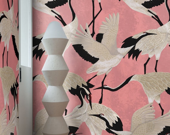 Pink Chinoiserie Heron Wallpaper, Japanese Crane Asian Wall Art