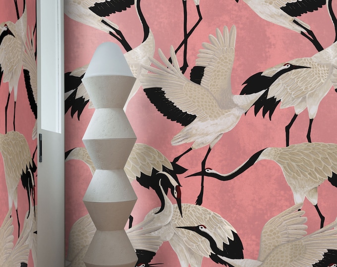 Pink Chinoiserie Heron Wallpaper, Japanese Crane Asian Wall Art, Elegant Heron Flight Wall Decor