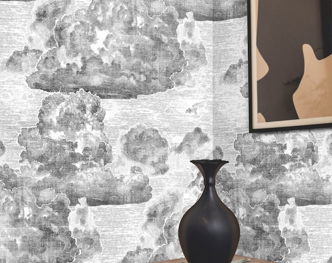 Vintage Cloud Wallpaper, Etching Illustration Cloudy Sky Wall Art in Black and White