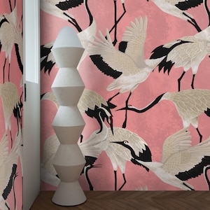 Rosa Chinoiserie Reiher Tapete, Asiatischer Kranich Tapete, Eleganter Reiher Flug Wanddekor