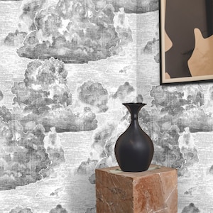 Vintage Cloud Wallpaper, Etching Illustration Cloudy Sky Wall Art in Black and White