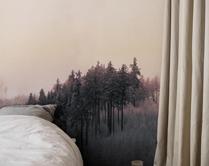 Snowy Forest Wallpaper, Extra Large Pink Fog Forest Wall Mural, Pine Trees Landscape Wallpaper