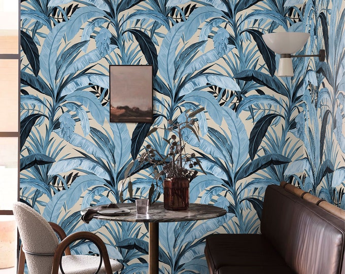 Tropical Paradise Blue Banana Forest Wallpaper, Blue Banana Leaf Forest Wallpaper, Beige and Blue Tropical Banana Leaf Wallpaper