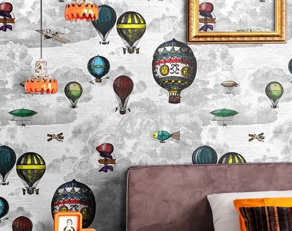 Whimsical Hot Air Balloon Vintage Wallpaper, Art Deco Wallpaper for Feature Wall