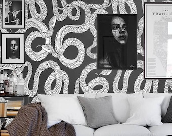 Black and White Snake Wallpaper, Ouroboros Print Textured wall art Animal Wall Decor