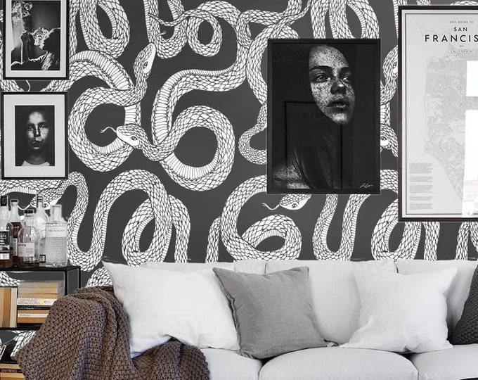 Black and White Snake Wallpaper, Ouroboros Print Textured wall art Animal Wall Decor