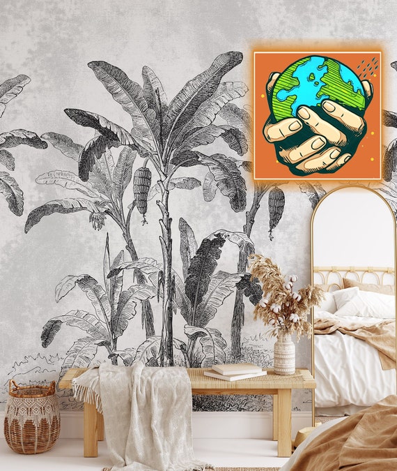 Monochrome Jungle wallpaper, Tropical Landscape wallpaper, Black and white wall decor, Large wall art for a Tropical decor.