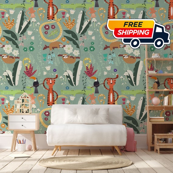 Kids' Tropical Forest Wallpaper, Tigers, Toucans, Monkeys, and Sloths, Green Background
