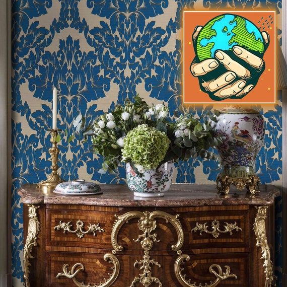 Blue Victorian Baroque Damask Wallpaper, Vintage Style retro design for Living Room Decor