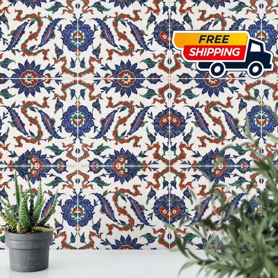 Talavera Tile Wall Decor, Kitchen Removable Wallpaper with Blue and Red Texture