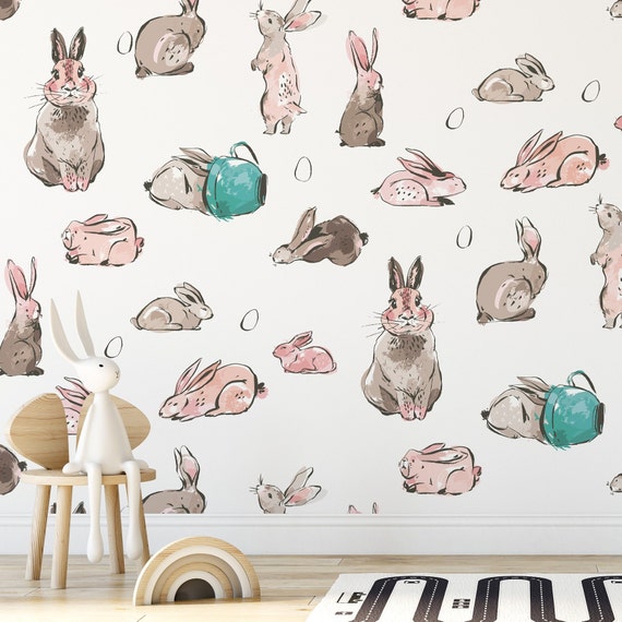 Watercolor Rabbits Nursery Wallpaper, Cute Rabbit Kid's Room Decor