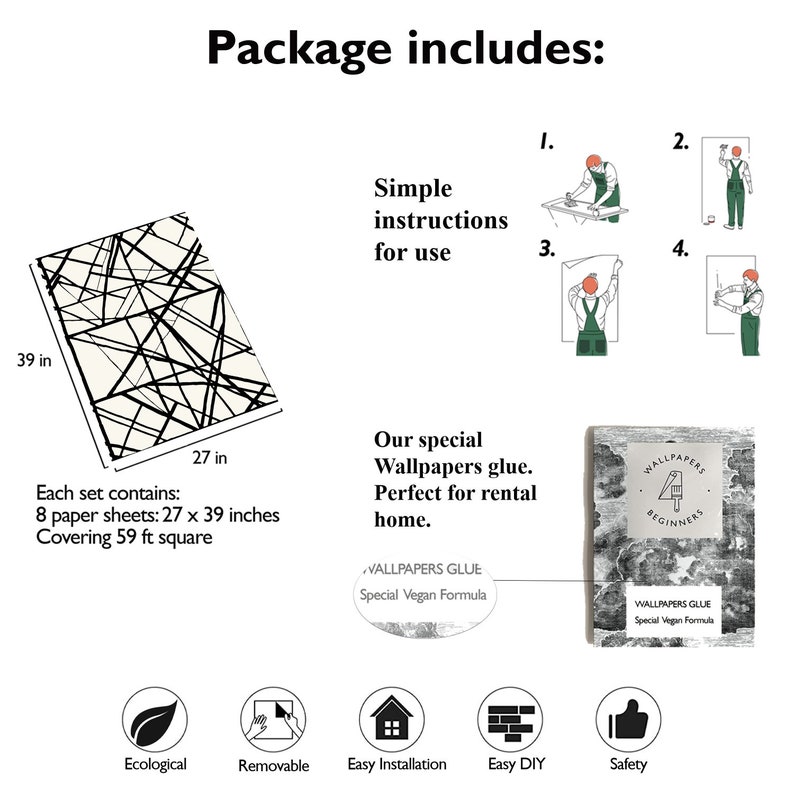 K&ouml;nnte beinhalten: Ein Paket mit Tapetenb&ouml;gen mit einem schwarzen abstrakten Design auf cremefarbenem Hintergrund, 68,58 x 99,06 cm. Das Set enth&auml;lt 8 B&ouml;gen, die 5,48 Quadratmeter bedecken. Tapetenkleber und Anweisungen sind ebenfalls enthalten.