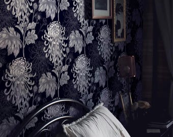 Asian Wallpaper with Chrysanthemum Floral in Blue and White, Feng Shui for Living Room Decor
