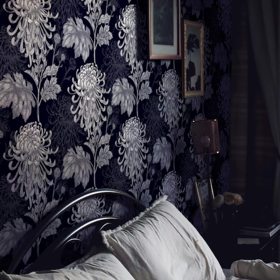 Asian Wallpaper with Chrysanthemum Floral in Blue and White, Feng Shui for Living Room Decor