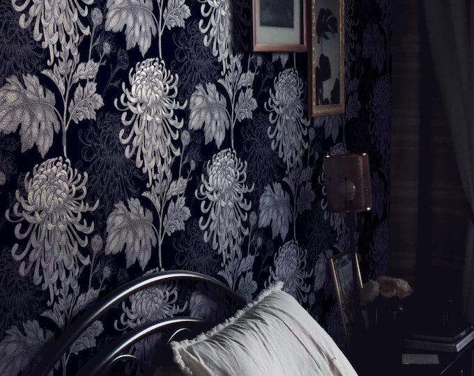 Asian Wallpaper with Chrysanthemum Floral in Blue and White, Feng Shui for Living Room Decor