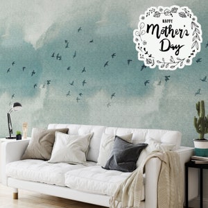 Extra Large Wall Art Flock Birds Nature Wallpaper, Watercolor Green Landscape painting Flying Birds Wall Decor