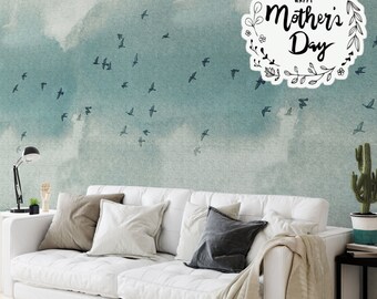 Extra Large Wall Art Flock Birds Nature Wallpaper, Watercolor Green Landscape painting Flying Birds Wall Decor