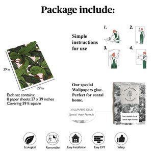 May include: A tropical leaf wallpaper design with green leaves and pink accents. The wallpaper is 27 inches wide and 39 inches tall. The package includes 8 sheets of wallpaper, covering 59 square feet. The package also includes instructions, wallpaper glue, and a guide for beginners.