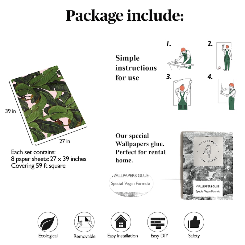 May include: A tropical leaf wallpaper design with green leaves and pink accents. The wallpaper is 27 inches wide and 39 inches tall. The package includes 8 sheets of wallpaper, covering 59 square feet. The package also includes instructions, wallpaper glue, and a guide for beginners.