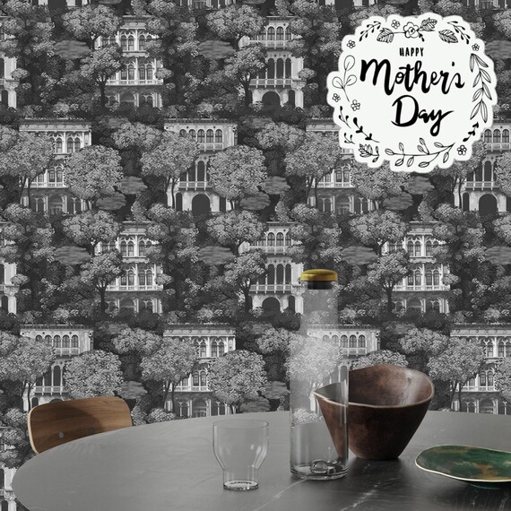 Black and White Architecture Print Vintage Wallpaper, Antique Wall Mural Living Room Decor