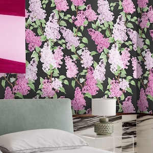 Beau papier peint suspendu aquarelle vigne de glycine, décoration murale lilas pour la maison, art mural noir et violet
