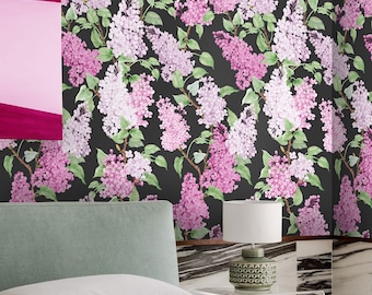 Beautiful Watercolor Wisteria Vine Hanging Wallpaper, Lilac Wall Decor for Home, Black & Purple Wall Art