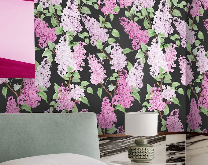 Beautiful Watercolor Wisteria Vine Hanging Wallpaper, Lilac Wall Decor for Home, Black & Purple Wall Art