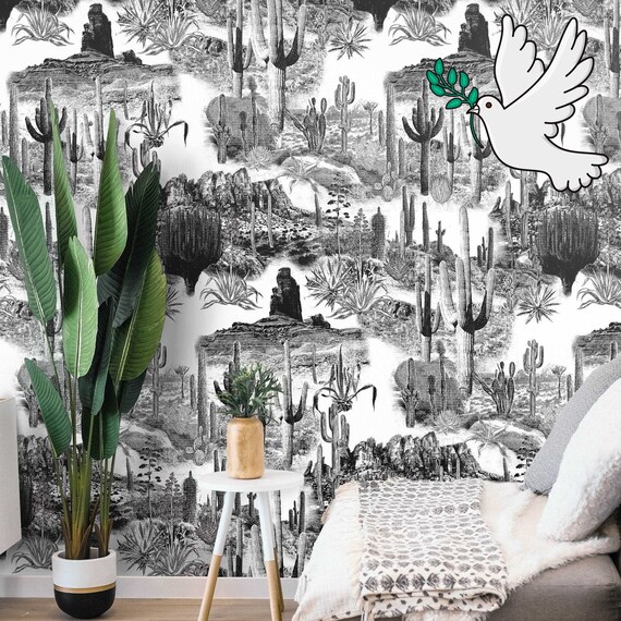 Black and White Cactus Wallpaper, Desert Landscape Wall Decor in Etching Print, Cactus Wall Art