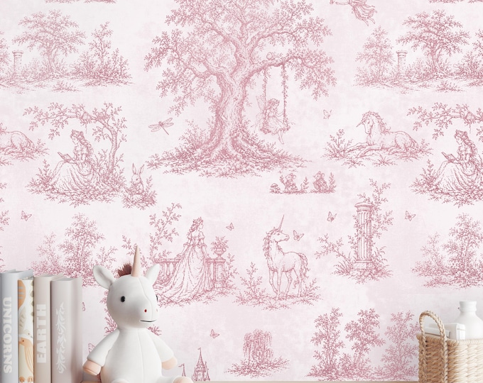 Pink Toile Wallpaper, Princess Fairy Unicorn Wallpaper, Fairytale Nursery Decor, Cottagecore Girls Room, Vintage Kids Bedroom