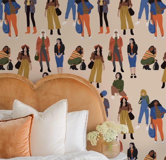 Fashion Girls Wallpaper & Girl Illustrator Wall Art - Stylish Feminine Decor for Bedroom, Nursery, or Studio