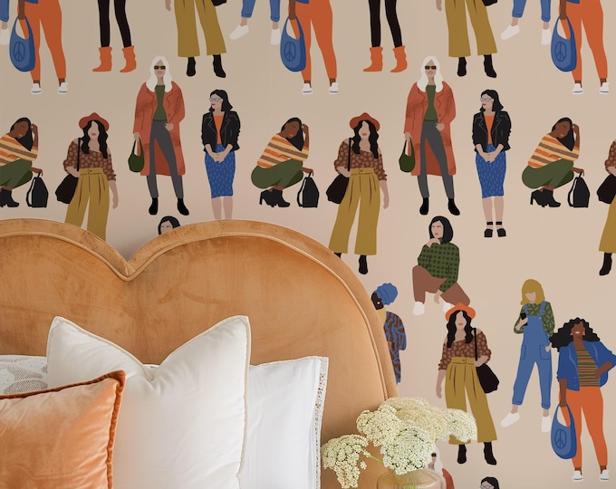 Fashion Girls Wallpaper & Girl Illustrator Wall Art - Stylish Feminine Decor for Bedroom, Nursery, or Studio