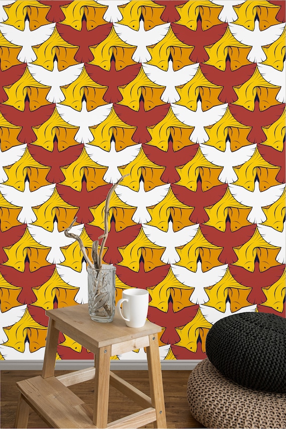 Fishes and Birds Seamless Pattern Artistic Wallpaper, Modern Wall Covering for Minimalist Decor