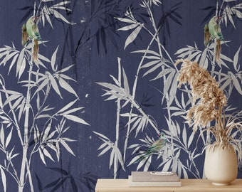 Dark Bamboo Forest Chinoiserie Wallpaper with Parrots – Asian Japandi Wall Art, Oriental Home Decor, Japanese-Inspired Accent Wall