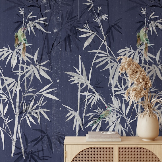 Dark Bamboo Forest Chinoiserie Wallpaper, Asian Decor with Parrots, Japanese wall art, Japandi Oriental Wall Decor