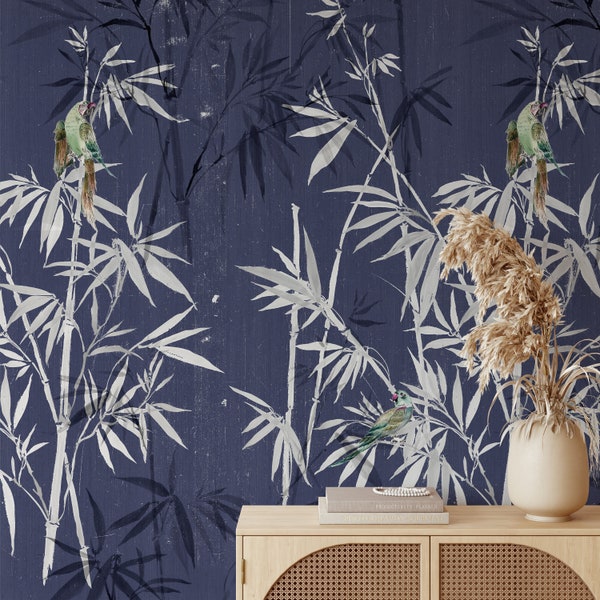 Dark Bamboo Forest Chinoiserie Wallpaper, Asian Decor with Parrots, Japanese wall art, Japandi Oriental Wall Decor