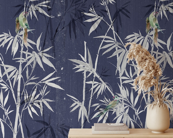 Dark Bamboo Forest Chinoiserie Wallpaper with Parrots – Asian Japandi Wall Art, Oriental Home Decor, Japanese-Inspired Accent Wall
