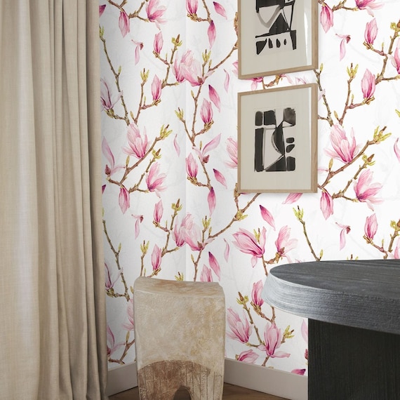 Magnolia flowers wallpaper, spring bloom wall art, cherry blossom pink floral mural